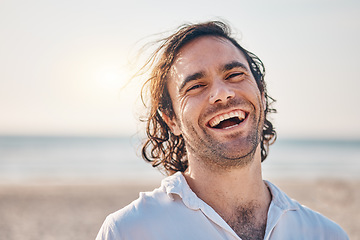 Image showing Funny, portrait and man with a smile, outdoor and vacation with summer trip, humor and relax. Face, male person and guy with happiness, in Canada relax and seaside holiday with wellness and laughing