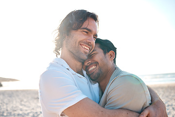 Image showing Love, hug and gay couple on beach, smile and laugh on summer vacation together in Thailand. Sunshine, ocean and island, happy lgbt men embrace in nature for on fun holiday with pride, sea and sand.