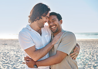 Image showing Love, hug and gay men on beach, smile and laugh on summer vacation together in Thailand. Sunshine, ocean and island, happy lgbt couple embrace in nature for fun holiday with pride, sea and sand.