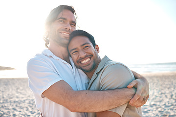 Image showing Love, happiness and gay couple on beach, hug and laugh on summer vacation together in Thailand. Sunshine, ocean and smile, lgbt couple embrace in nature for fun holiday with pride, sea and sand.