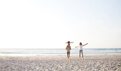 Image showing Beach, LGBT and playing kid, happy family and enjoy fun time walking on travel vacation, holiday or nature freedom. Sea water, mockup sky and gay couple, people or parents bonding with adoption child