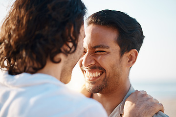 Image showing Love, smile and gay couple on beach, embrace and laugh on summer vacation together in Thailand. Sunshine, sea and relax, happy lgbt men hug in nature on fun holiday and pride, care and island romance