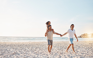 Image showing Lgbt parents on beach, men and child holding hands in summer, walking and island holiday together. Love, happiness and sun, gay couple on tropical ocean vacation with daughter on piggy back mockup.