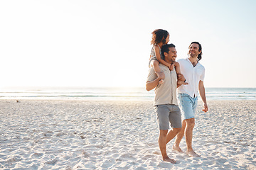 Image showing Gay couple, space and piggyback with family at beach for seaside holiday, support and travel mockup. Summer, vacation and love with men and child in nature for lgbtq, happiness and bonding together