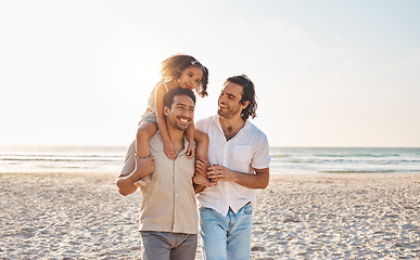 Image showing Gay couple, piggyback and relax with family at beach for seaside holiday, support and travel mockup. Summer, vacation and love with men and child in nature for lgbtq, happiness and bonding together