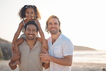 Image showing Gay couple, portrait and piggyback with family at beach for seaside holiday, support and travel mockup. Summer, vacation and love with men and child in nature for lgbtq, happy and bonding together