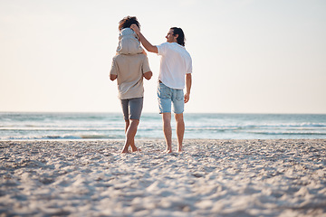 Image showing Lgbtq, parents walking or child by ocean as a family in Rio de Janeiro in Brazil with support, care or love. Piggyback, father or kid at sea to enjoy bonding together in nature on beach sand by water