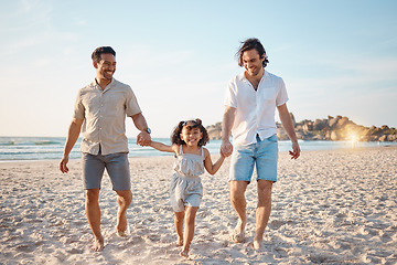 Image showing Gay couple, summer and holding hands with family at beach for seaside holiday, support and travel. Relax, vacation and love with men and child in nature for lgbtq, happiness and bonding together