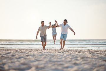 Image showing Gay couple, playing and holding hands with family at beach for seaside holiday, support and travel. Summer, vacation and love with men and child in nature for lgbtq, happiness and bonding together