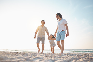 Image showing Gay couple, travel and holding hands with family at beach for seaside holiday, support and mockup. Summer, vacation and love with men and child in nature for lgbtq, happiness and bonding together