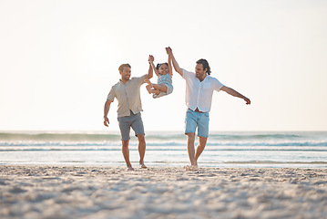 Image showing Gay couple, swing and holding hands with family at beach for seaside holiday, support and travel. Summer, vacation and love with men and child in nature for lgbtq, happiness and bonding together