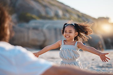 Image showing Child, running or father hug by ocean to play a game in Rio de Janeiro in Brazil with support, care or love. Smile, parent or happy kid at sea to enjoy family bonding together in nature on beach sand