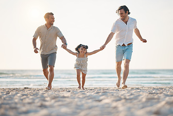 Image showing Gay couple, running and holding hands with family at beach for seaside holiday, support and travel. Summer, vacation and love with men and child in nature for lgbtq, happiness and bonding together