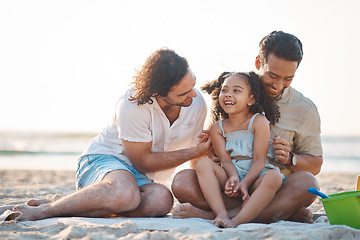 Image showing Gay men, dad and girl at beach with love, bonding and care for vacation, laughing and outdoor in sunshine. LGBTQ couple, young child and adoption with family, holiday and comic conversation in summer