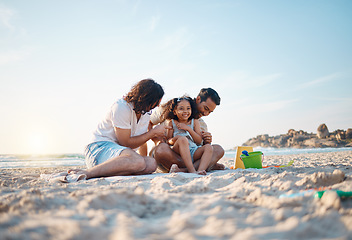 Image showing Lgbt parents on beach, men and child playing in summer, sand and island holiday together. Love, fun and sunshine, gay couple on tropical ocean vacation with daughter and happy family at picnic time.