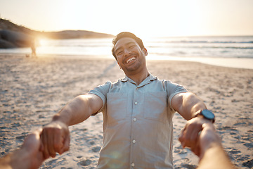 Image showing Happy, portrait and a couple holding hands at the beach for swinging, care and love on vacation. Sunset, travel and an Asian man with a person for freedom, summer fun or support on holiday at the sea