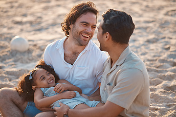 Image showing Gay couple, relax and laughing with family at beach for seaside holiday, support and travel. Summer, vacation and love with men and child in nature for lgbtq, happiness and bonding together