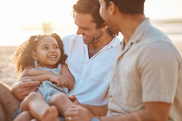 Image showing Gay couple, funny and relax with family at beach for seaside holiday, support and travel. Summer, vacation and love with men and child laughing in nature for lgbtq, happiness and bonding together