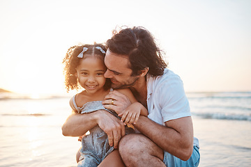 Image showing Hug, portrait and a child and father at the beach for holiday, care and love together after adoption. Happy, family and an interracial dad with a girl kid at the ocean for playing, travel or vacation