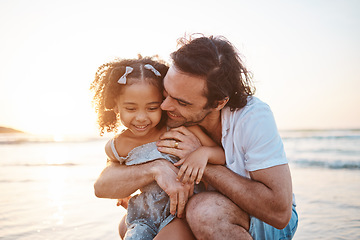 Image showing Hug, happy and a child and father at the beach for holiday, care and love together after adoption. Summer, family and an interracial dad with a girl kid at the ocean for playing, travel or vacation