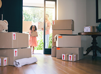 Image showing Gay couple, child and adoption moving in new home with boxes for property, investment or house together. Men walking with adopted girl in renovation, relocation or homeowners in apartment for startup