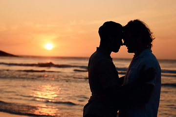 Image showing Silhouette, sunset and gay men at ocean, love and mockup on summer vacation together in Thailand. Sunshine, beach and romance, lgbt couple in nature space and island holiday with pride, sea and waves