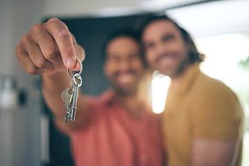 Image showing Hand holding, keys and gay couple smile for real estate, success or new home celebration. Property, dream or lgbt men embrace with love, smile or excited for moving, apartment or mortgage loan