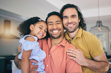 Image showing LGBT, portrait and girl child hug parents, happy and smile while enjoying family time in their home together. Gay, love fathers with foster kid in a living room embrace, sweet and care in their house