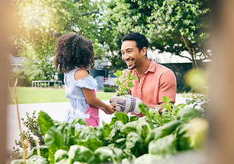 Image showing Garden, plant and happy family child, father and plant leaf seeds, nature care or agriculture support in backyard. Happiness, outdoor sustainability and learning kid, dad or parent teaching eco girl