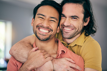 Image showing Happy, portrait and gay couple hug, excited and sweet in their home with freedom on the weekend together. LGBT, love and face of man embrace boyfriend in a living room with care, romance and pride