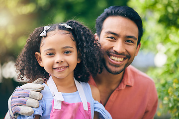 Image showing Gardening, portrait of dad and child in backyard with plants, teaching and learning with growth in nature. Farming, smile on face and father with girl in vegetable garden with love, support and fun.