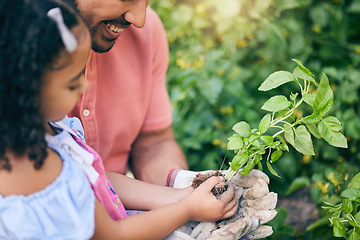 Image showing Garden, plant grow and happy child, father or family gardening, nature care or agriculture in backyard on Earth Day. Leaves, outdoor sustainability and learning kid, dad or green family teaching girl