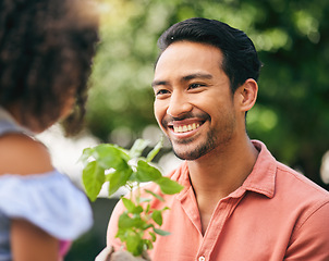 Image showing Garden, plant grow and face of happy family, dad or child listening to gardening advice, environment care or agriculture chat. Smile, outdoor sustainability growth and eco friendly kid helping father