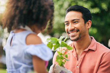 Image showing Garden plants, face and happy family, father or child listening to Earth Day advice, new tree life care or spring teamwork. Ecology project, outdoor sustainability growth or kid working on eco growth