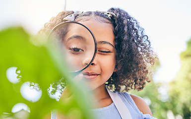 Image showing Girl child, magnifying glass and plants in garden, backyard or park in science, study or outdoor. Young female kid, lens and zoom for nature, research or check for leaves, ecology or growth in summer