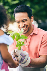 Image showing Garden, plant grow and happy child, dad or family gardening, nature care or agriculture in backyard.. Happiness, outdoor sustainability support and learning kid, helping dad or green people bonding