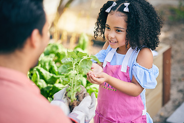 Image showing Gardening, help and dad with child in backyard with plants, teaching and learning with growth in nature. Small farm, sustainability and father with girl in vegetable garden with love, support and fun