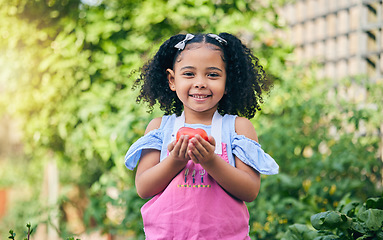 Image showing Girl child, apple and portrait in garden for growth, sustainability and happy for harvest, agriculture or food. Young female child, smile and fruit for health, diet or nutrition in summer sunshine