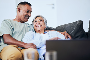 Image showing Laugh, relax and mature happy couple on sofa, embrace and funny time in living room of house. Smile, man and woman on couch with comic hug, marriage relationship and fun retirement in home together.