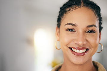 Image showing Happy, smile and face of a young woman with makeup and beauty and space with positive attitude. Portrait of female person from South Africa with freedom, happiness or to relax at a house or apartment