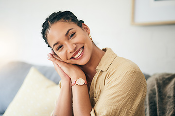 Image showing Portrait, smile and woman on home sofa to relax in living room apartment. Face, happy and person or girl on couch in lounge in Brazil, positive or cheerful, confident or peace in house in the morning