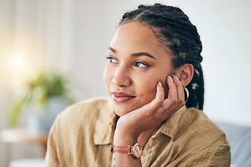 Image showing African woman, thinking and idea for future in home, interior design or decoration of apartment, living room or house. Girl, relax and lounge on sofa with inspiration, goals or planning for life