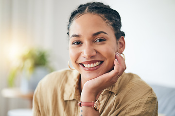 Image showing Face, happy and woman on home sofa to relax in living room apartment. Portrait, smile and person or girl on couch in lounge in Brazil, positive or cheerful, confident or peace in house lens flare