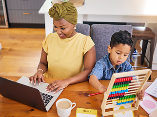 Image showing Remote work, mother and child with math at a table for education, learning and an email. Diversity, family and an African mom with a kid, homework and a laptop for business on the internet from home