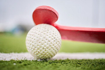 Image showing Closeup, grass and a stick and ball for hockey, sports and training on a field for a game. Fitness, exercise and gear for a match, workout or competition on a turf or ground of a park for cardio