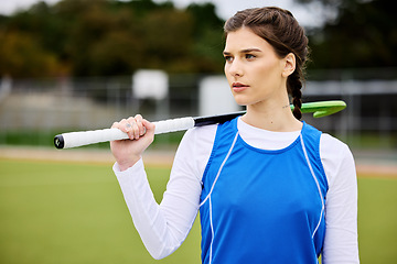 Image showing Field hockey woman, thinking and sport with vision, ideas and goals for career, competition and stick for game. Girl, athlete and outdoor for training, workout or exercise with strategy for contest