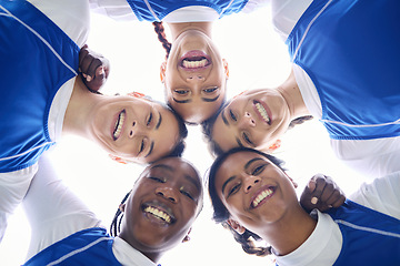 Image showing Sports women, circle and low angle for teamwork, motivation and portrait with support for training. Girl, group and happy for workout, exercise and fitness for contest, games and diversity for goals