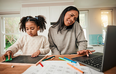 Image showing Working from home, child and mother on phone call and learning or writing homework at a table. A busy entrepreneur woman and young girl kid with a laptop for remote work, education and multitasking