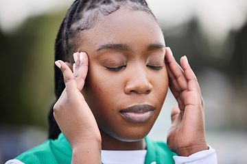 Image showing Sports, headache and face of black woman outdoor with stress, anxiety or burnout on blurred background. Training, migraine and African lady athlete with temple massage for vertigo, brain fog or ache