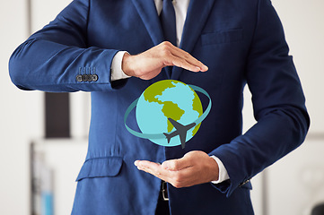 Image showing Hands, world and travel insurance with a man in his office to offer protection or cover during a flight. Plane, service or vacation and a business person in a suit with a globe icon for trip safety